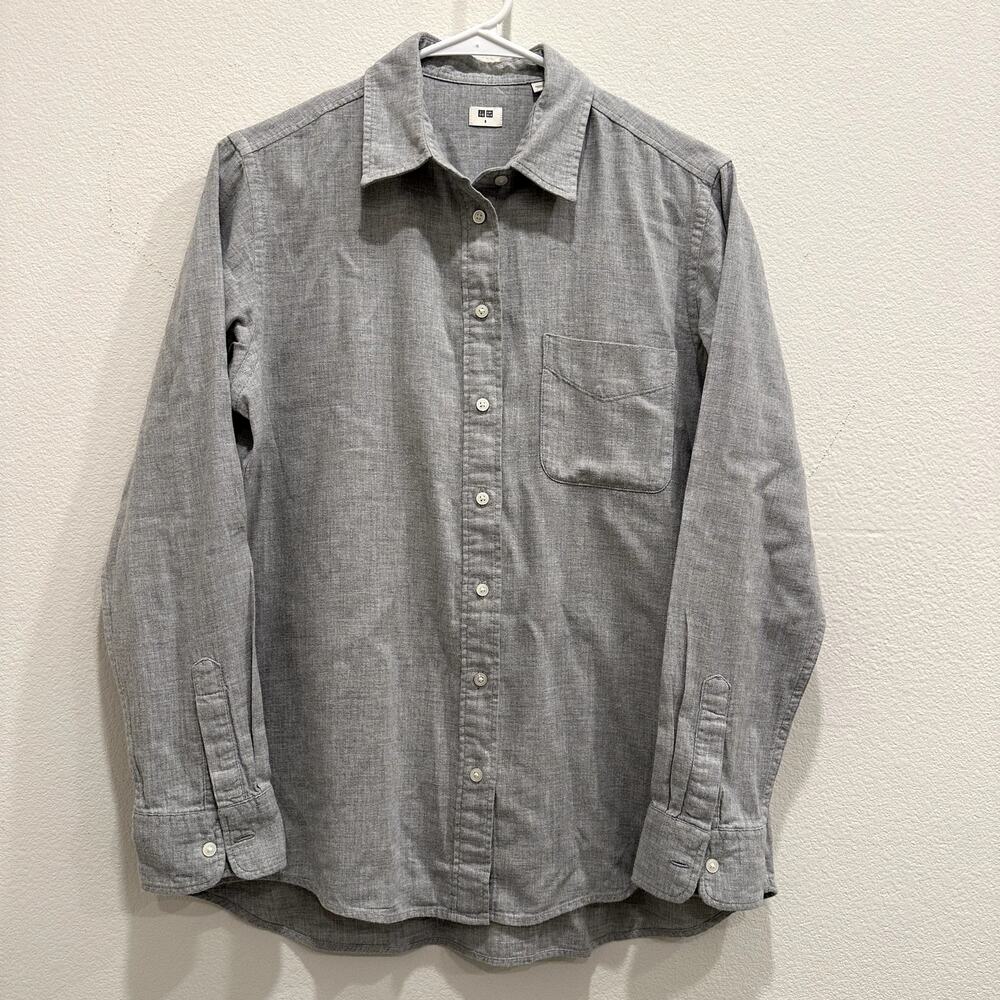 Uniqlo Womens S Light Grey Cotton Button Up Long Sleeve Casual Preppy Minimalist